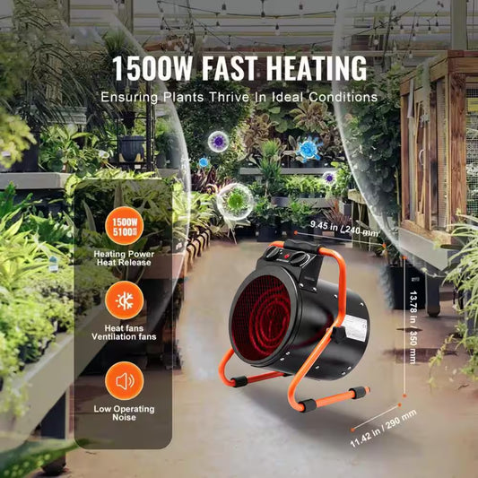 Electric Greenhouse Heater with Thermostat, 1500 W Fast Heating with Overheat Protection, 2-Speed Small Grow Tent Heater