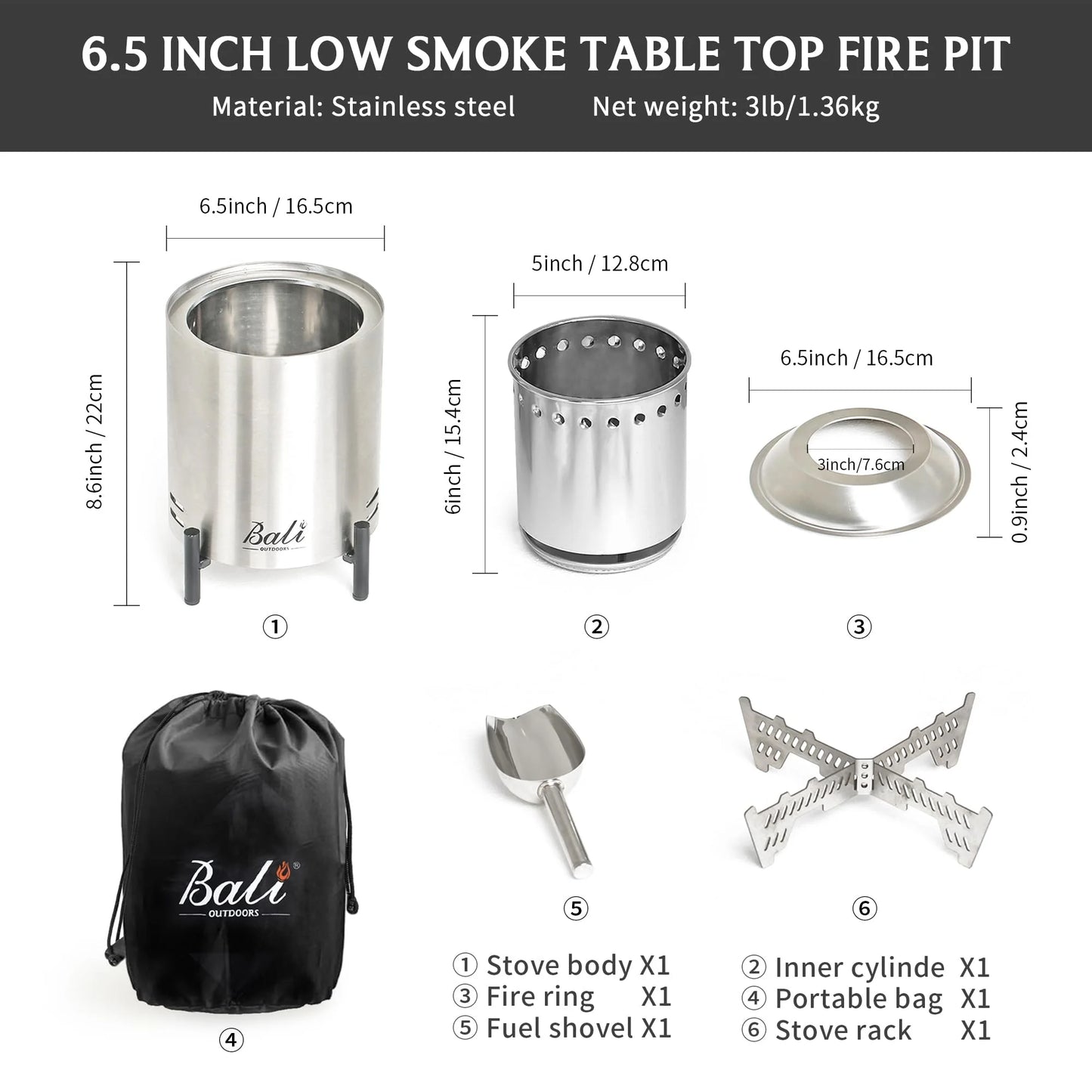 6.5 Inch Tabletop Fire Pit Round, Portable Outdoor Smokeless Firepit Silver