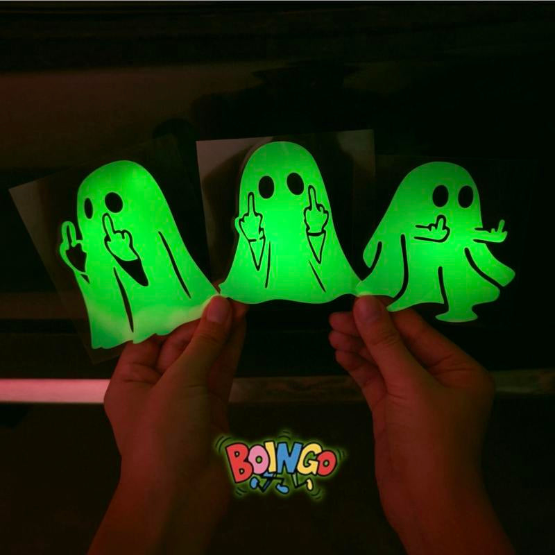 Glow-In-The-Dark Halloween Ghost PVC Sticker - Reflective Middle Finger Decal for Cars, Motorcycles, Windows & Paint (3 or 6 Pcs) Body