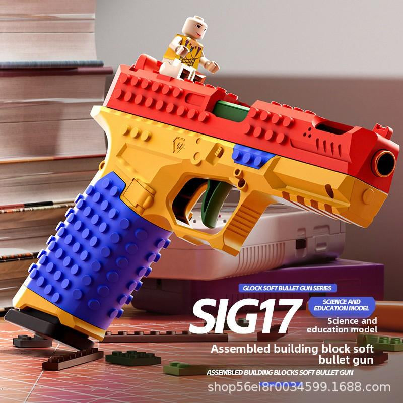 Assembleable Building Blocks G17 Soft Bullet Gun Recoil Firing Continuous Shell Ejection Handgun Toy Gun Mechanical Linkage Collaborative Tactical Building Block Set