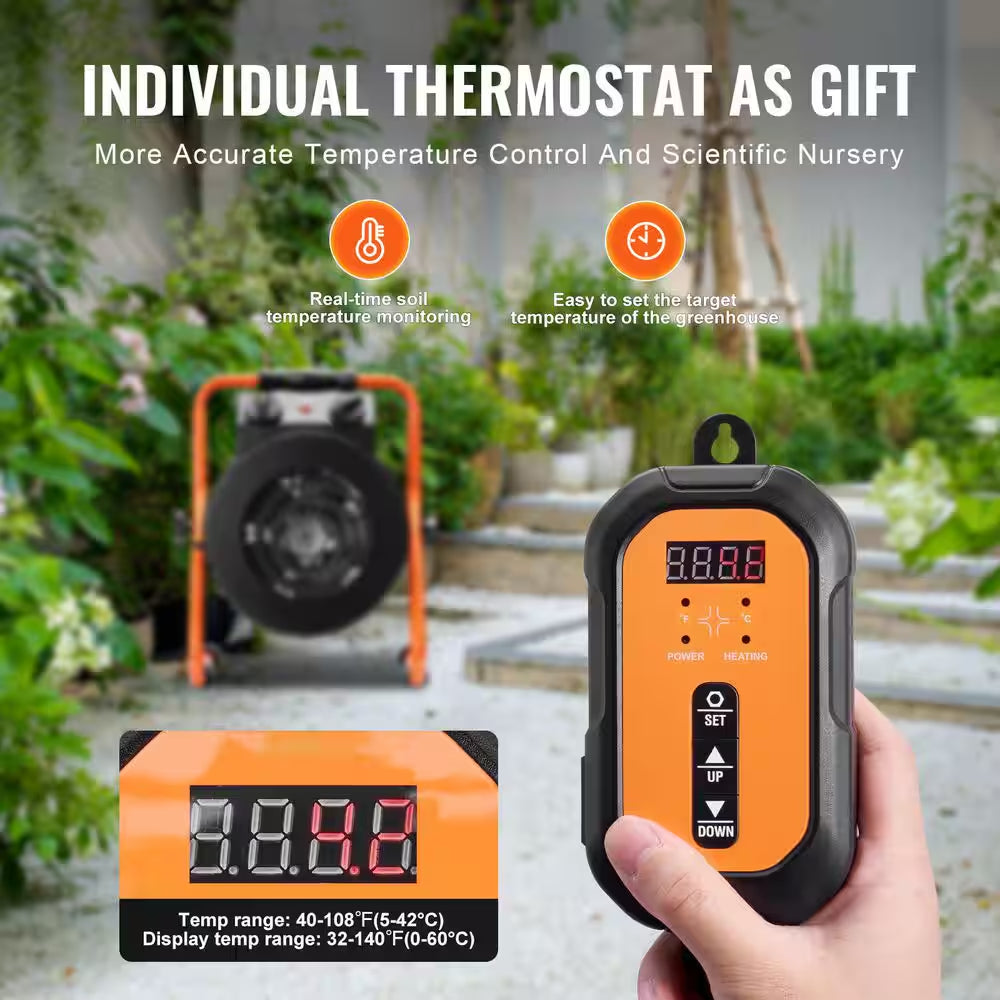 Electric Greenhouse Heater with Thermostat, 1500 W Fast Heating with Overheat Protection, 2-Speed Small Grow Tent Heater