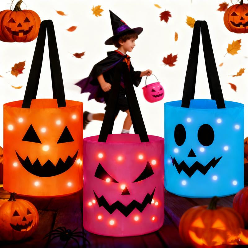 Light up Halloween(2Pcs) Baskets, Halloween Trick or Treat Bucket for Kidsled Light up Pumpkin Basket Gift for Kids, Multipurpose Goodie Gift Tote Bag