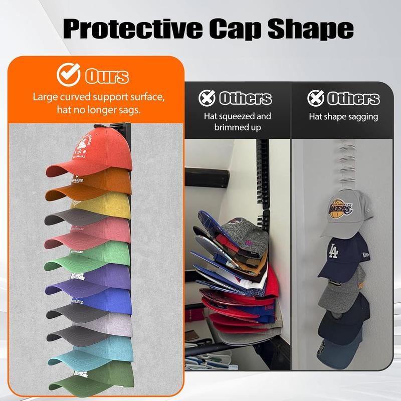 Closet Door Hat Organizer Wall Mount Heavy Duty 2-Pack for 40 Caps with Anti-Drop Tech No Drilling Adhesive & Screw Installation Halloween Gifts Black Hat Racks