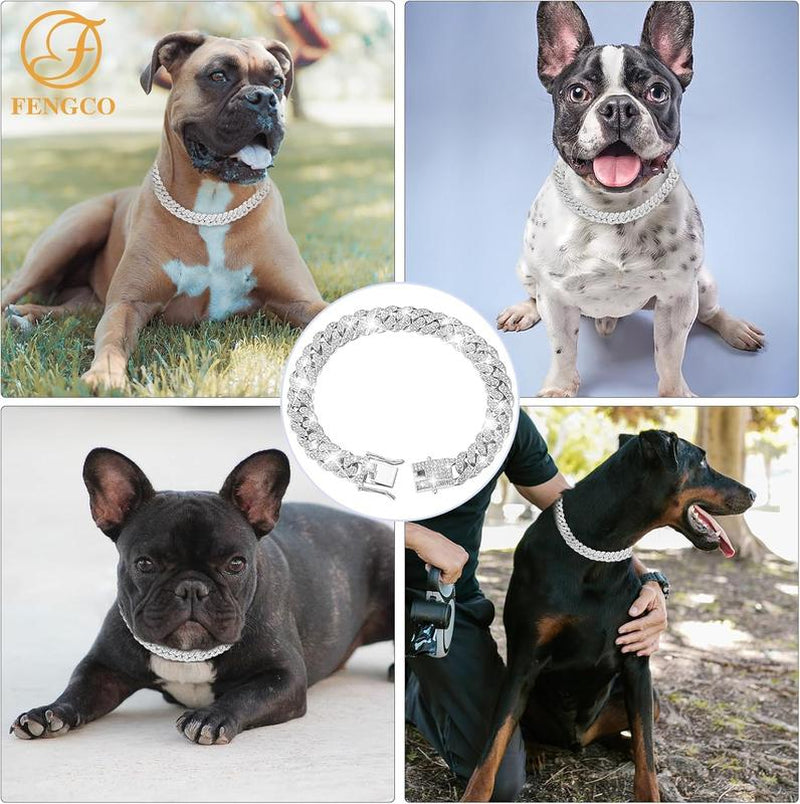 Silver Dog Chain Collar Diamond Cuban Link Dog Collar 13Mm Wide Dog Necklace Metal Cat Chain Pet Crystal Collar Jewelry Accessories for Small Medium Large Dogs Cats(16Inch)