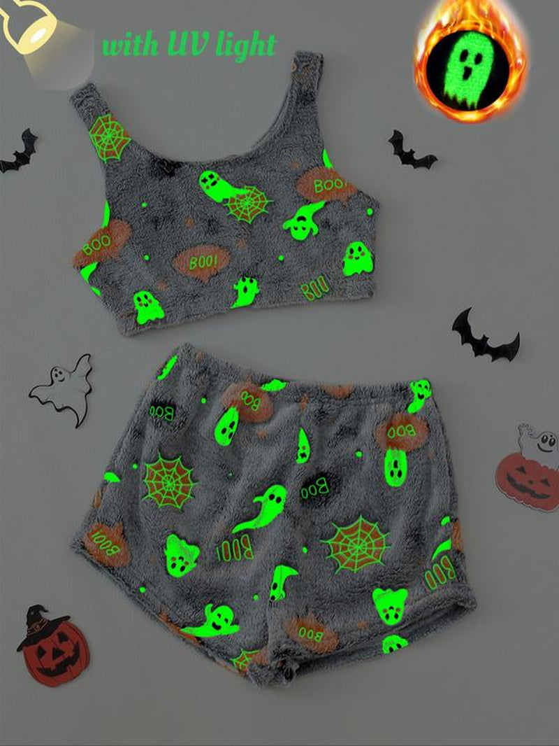 Women'S Glow in the Dark Crop Tank Top &Elastic Waist Shorts Fluffy Pajamas,Comfortable Loungewear for Women, Comfyloungewear for Women, Women'S Pajamas Set,Women'S Sleepwear for Fall, Fluffy Pajamascrop Top Soft Flannel, Pajama Sets Women, Matching