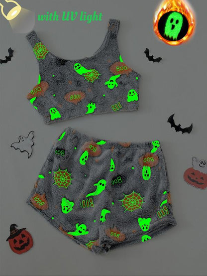 Women'S Glow in the Dark Crop Tank Top &Elastic Waist Shorts Fluffy Pajamas,Comfortable Loungewear for Women, Comfyloungewear for Women, Women'S Pajamas Set,Women'S Sleepwear for Fall, Fluffy Pajamascrop Top Soft Flannel, Pajama Sets Women, Matching