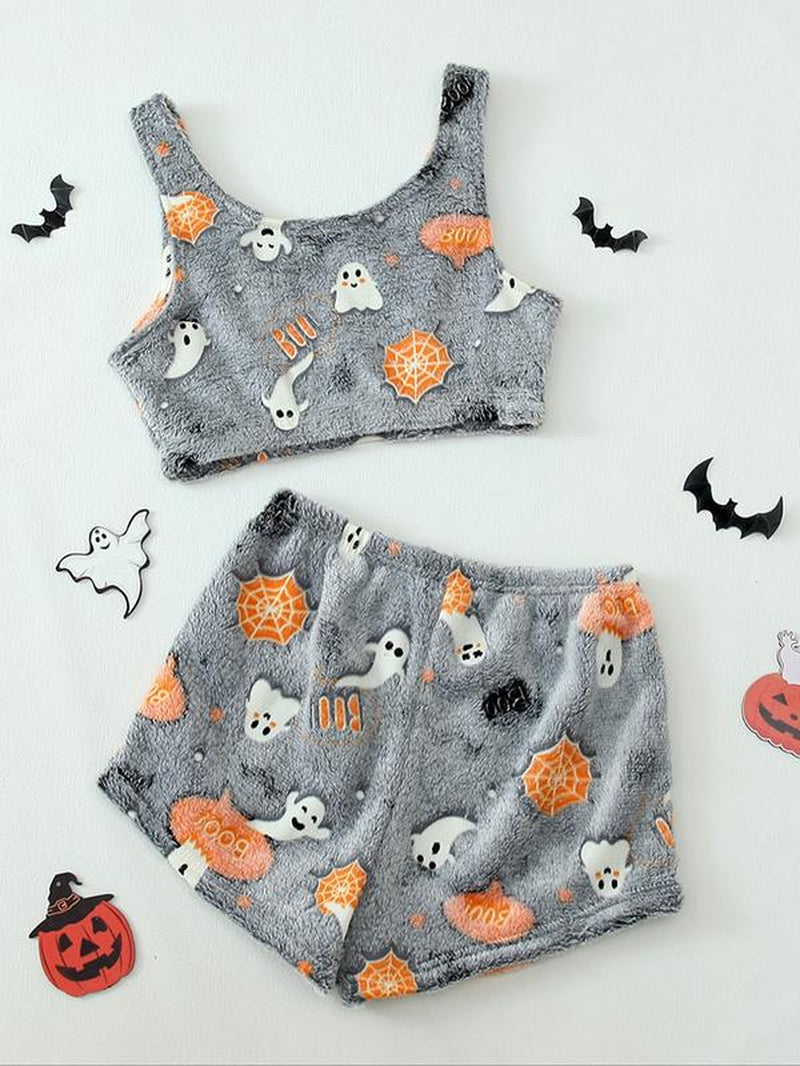 Women'S Glow in the Dark Crop Tank Top &Elastic Waist Shorts Fluffy Pajamas,Comfortable Loungewear for Women, Comfyloungewear for Women, Women'S Pajamas Set,Women'S Sleepwear for Fall, Fluffy Pajamascrop Top Soft Flannel, Pajama Sets Women, Matching