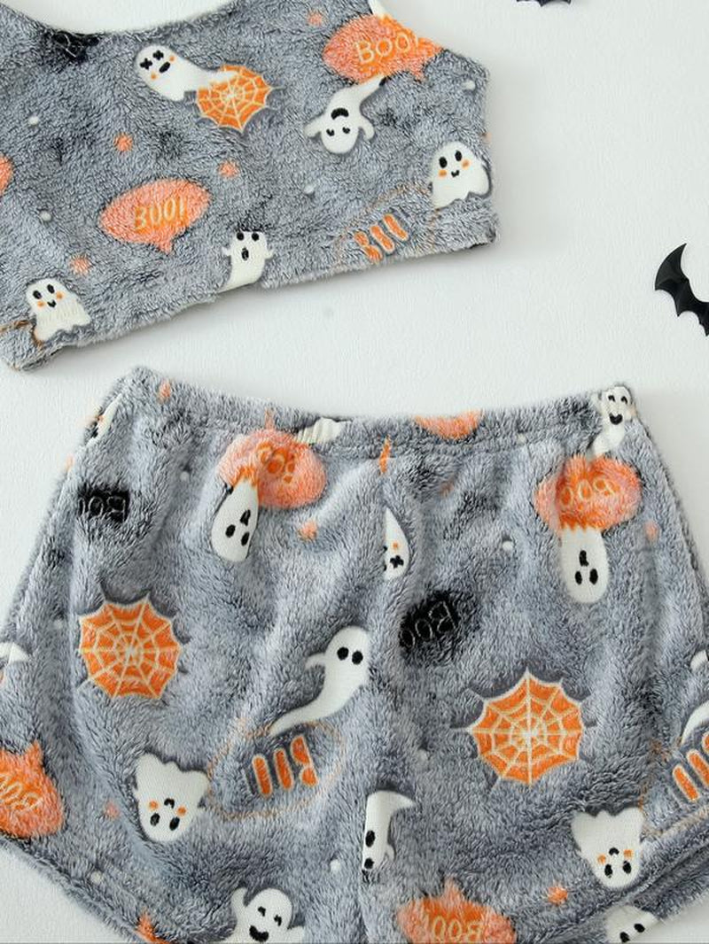 Women'S Glow in the Dark Crop Tank Top &Elastic Waist Shorts Fluffy Pajamas,Comfortable Loungewear for Women, Comfyloungewear for Women, Women'S Pajamas Set,Women'S Sleepwear for Fall, Fluffy Pajamascrop Top Soft Flannel, Pajama Sets Women, Matching