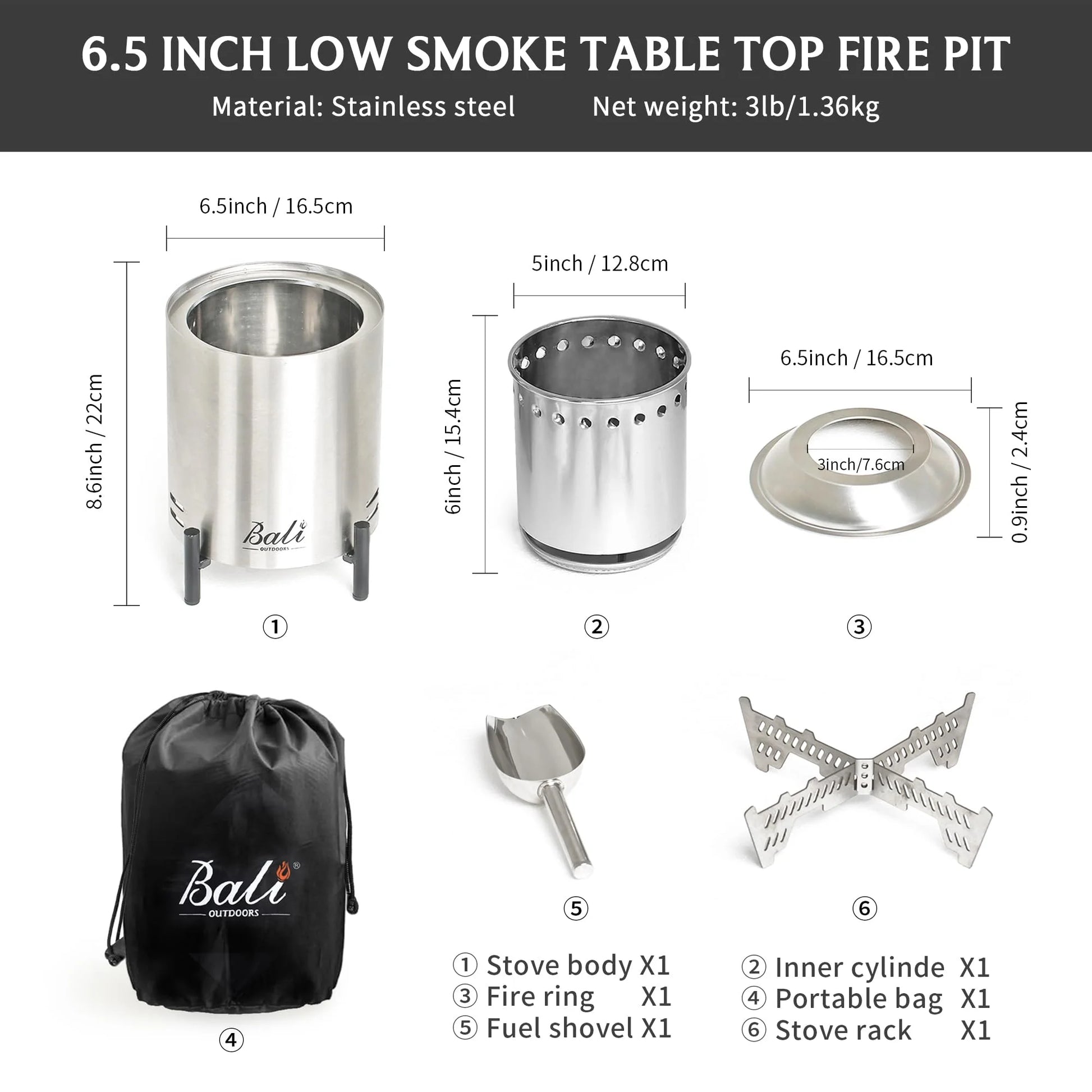 6.5 Inch Tabletop Fire Pit Round, Portable Outdoor Smokeless Firepit Silver
