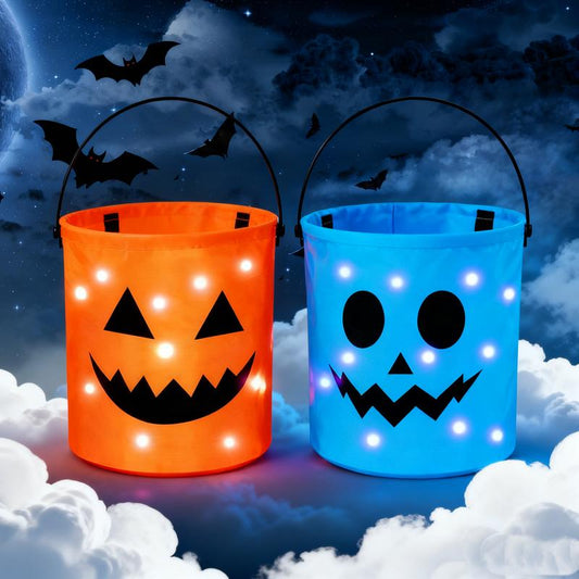 Light up Halloween(2Pcs) Baskets, Halloween Trick or Treat Bucket for Kidsled Light up Pumpkin Basket Gift for Kids, Multipurpose Goodie Gift Tote Bag